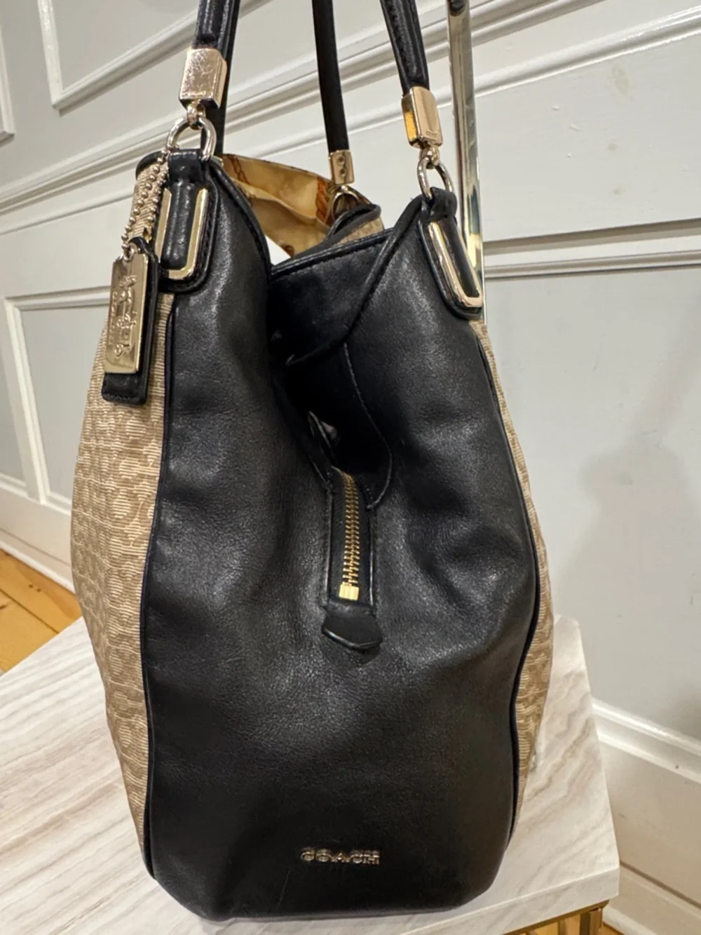 Coach Madison Signature Canvas Leather Black Tan Shoulder Bag - Picture 6 of 17